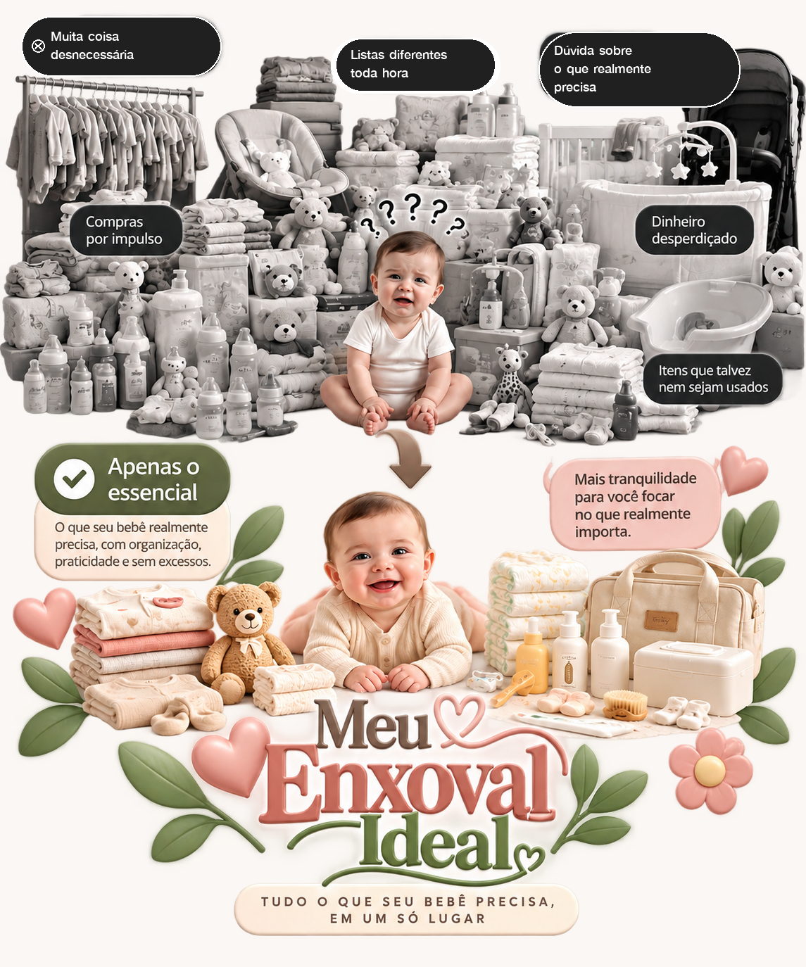Comparação entre um enxoval excessivo e desorganizado e o essencial organizado com o Meu Enxoval Ideal