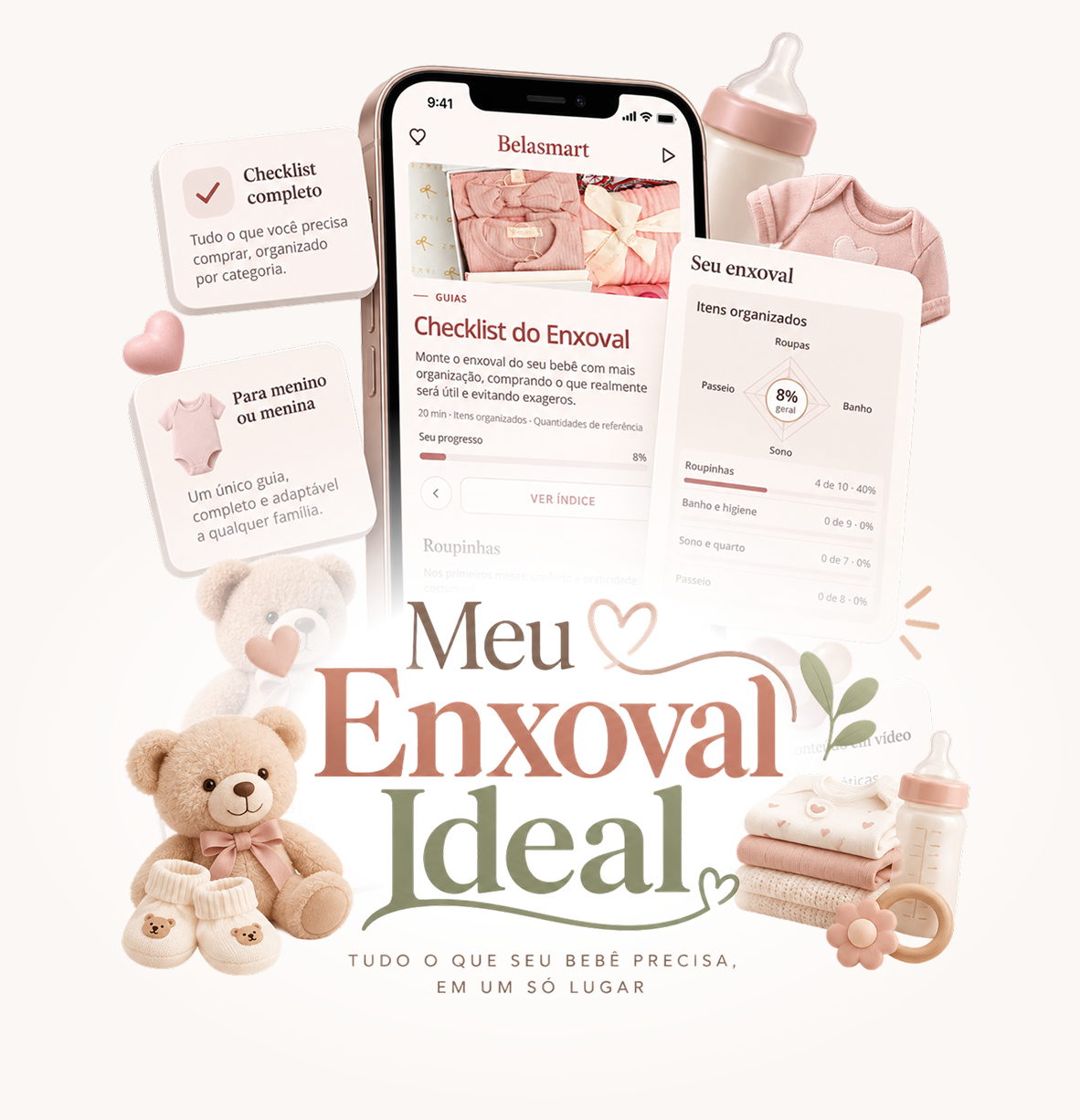 iPhone com o checklist do enxoval, cartões de progresso e itens do bebê